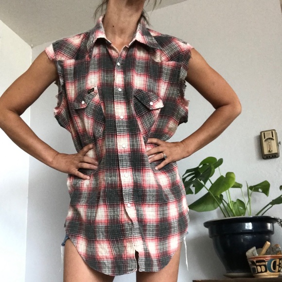 Wrangler Shirts Vintage Wrangler Cut Off Flannel Shirt Long Tail L